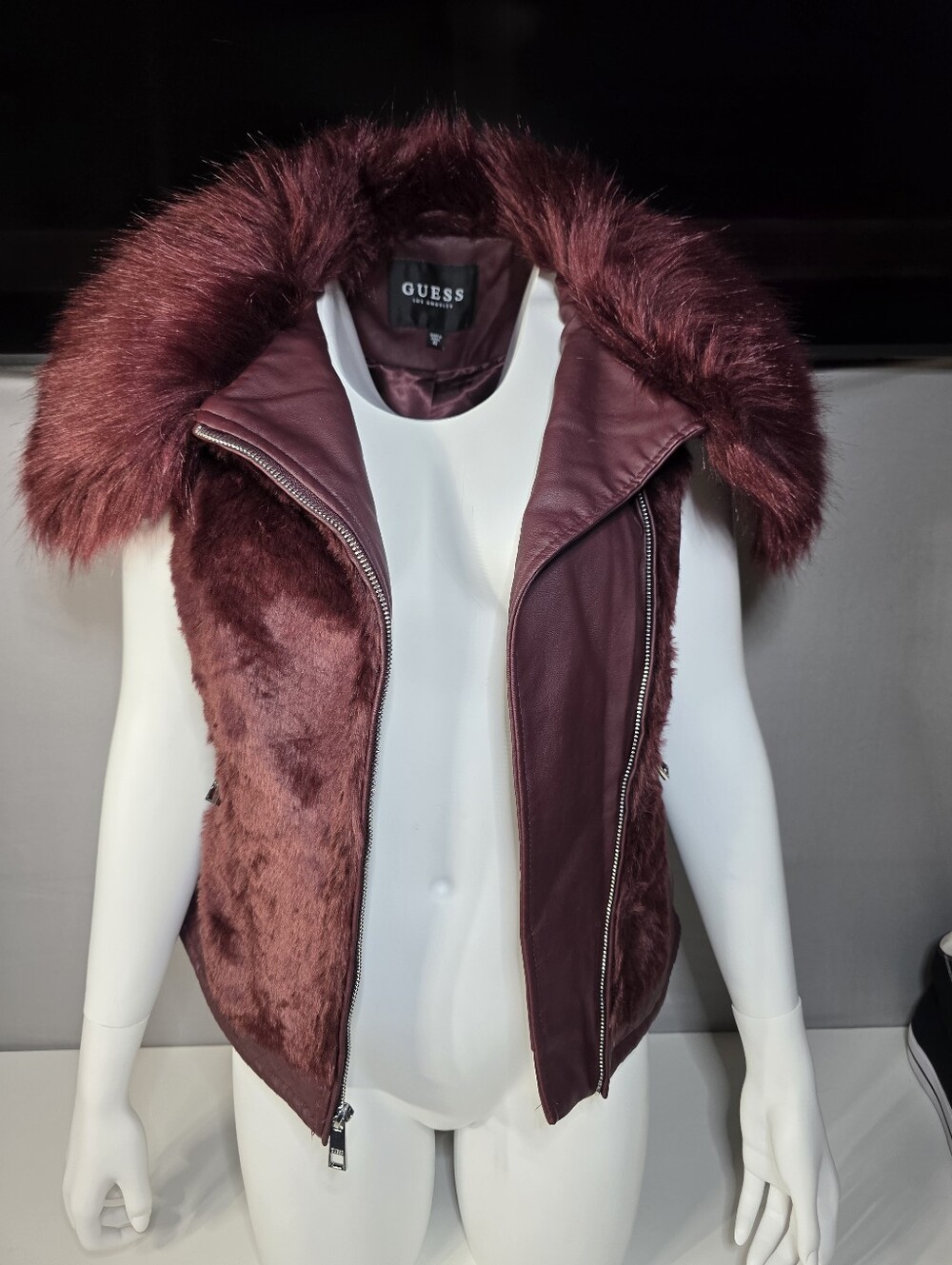 GUESS Posh Burgandy Faux Fur-Trim Moto-Style Vest Sz XS